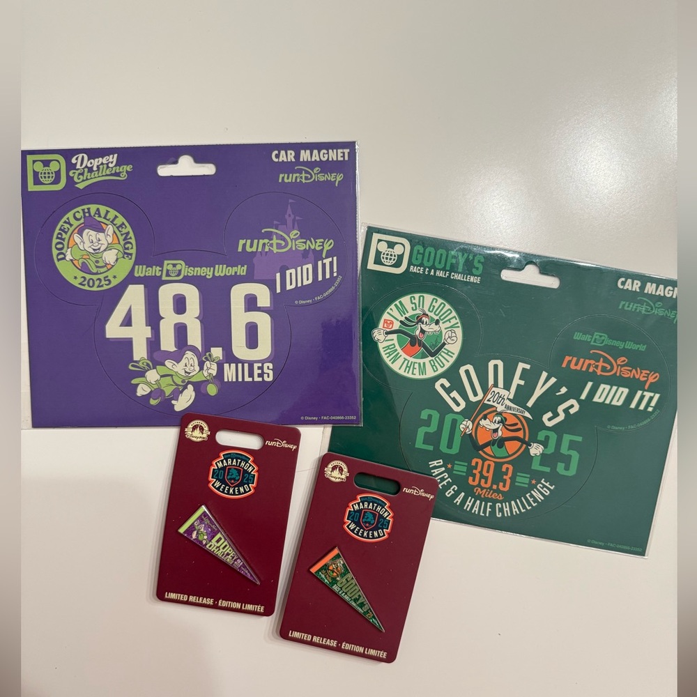 RunDisney 2025 Marathon Weekend Dopey and Goofy Challenge Car Magnets and Pins